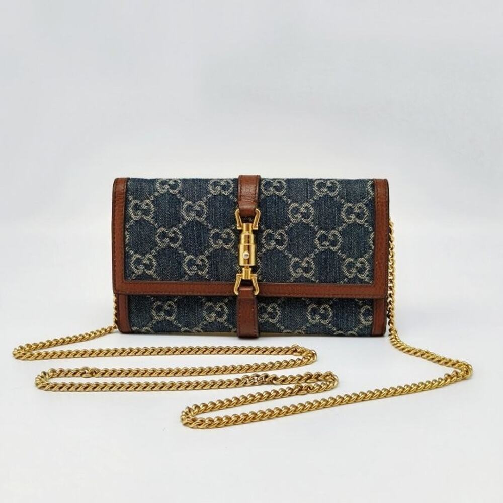 Gucci Jackie 1961 GG Denim WOC Chain Wallet Crossbody Bag Canvas Leather